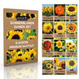 12er Sonnenblumen Samen Set - 12 schöne Sorten Premium Sonnenblumensamen - Blumen Saatgut für Bienen - super Garten Geschenk - Blumensamen Sommerblumen Anzuchtset von Naturlie - 1
