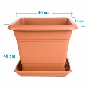 3er Set Pflanzkübel eckig und Untersetzer, 40x40 cm, Blumenkübel Blumentopf Pflanztopf, Made in Germany, Farbe: Terracotta - 2