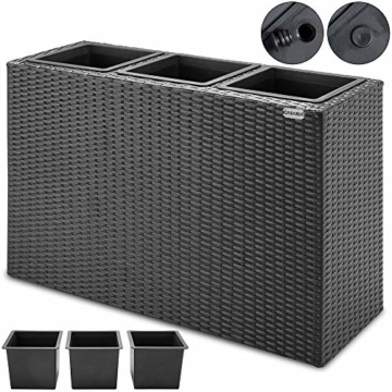Deuba Blumentopf 83x30,5x60 cm Polyrattangeflecht Wasserabfluss 3 Innentöpfe Outdoor Pflanzkübel Blumenkasten Rattan Schwarz - 1