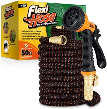 Flexi Hose Upgraded - Erweiterbarer Gartenschlauch - knickfester, flexibler Wasserschlauch - strapazierfähig - stabile 2 cm große Messingarmaturen - Brause mit 8 Funktionen - Orange/Schwarz - 15 Meter - 1