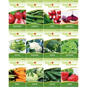 Gemüsesamen Set - 12 Sorten Samen - Saatgut Sortiment - Anzuchtset für Gemüsepflanzen - Geschenkset - Tomaten, Gurken, Radieschen, Zucchini, Paprika und mehr - 6