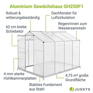 Juskys Aluminium Gewächshaus mit Fundament | 4,75 qm | 190 × 253 cm | 1 Dachfenster & Schiebetür | 4 mm Platten | Garten Treibhaus Pflanzenhaus - 3