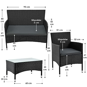 Juskys Polyrattan Gartenmöbel-Set Fort Myers Schwarz — Balkonmöbel-Set mit Tisch, Sofa & 2 Stühlen — Sitzgruppe 4 Personen mit Auflagen Grau - 2