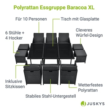 Juskys Polyrattan Sitzgruppe Baracoa XL 11-teilig wetterfest & stapelbar — Gartenmöbel Set mit 6 Stühle, 4 Hocker & Tisch für Garten & Terrasse - 3