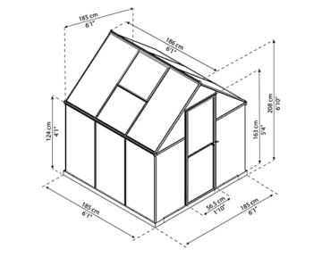 Palram Canopia Mythos 6X6 Gewächshaus – UV - Geschütztes Polycarbonatdach-& Aluminiumgestell, Inklusive Fundamentrahmen – Silber, 6 x 6 - 3