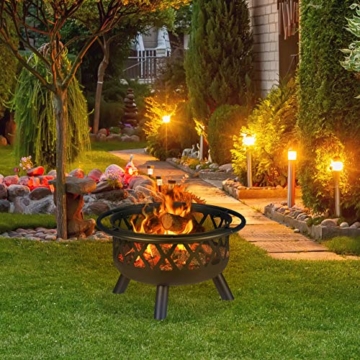 Relaxdays Feuerschale mit Funkenschutz, Garten & Terrasse, mit Schürhaken, Outdoor Feuerstelle, Stahl, Ø 63.5 cm, schwarz - 2