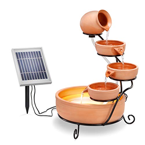 » Solar Kaskadenbrunnen Terrakotta mit Akkuspeicher und LED Licht