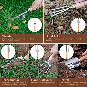 YAUNGEL Gartenwerkzeug Set, 10 Stück Schwerlast Edelstahl Gartenarbeit Kit mit Non-Slip Holzgriff- Garten Geschenke Verpackung für Frauen Männer - 4